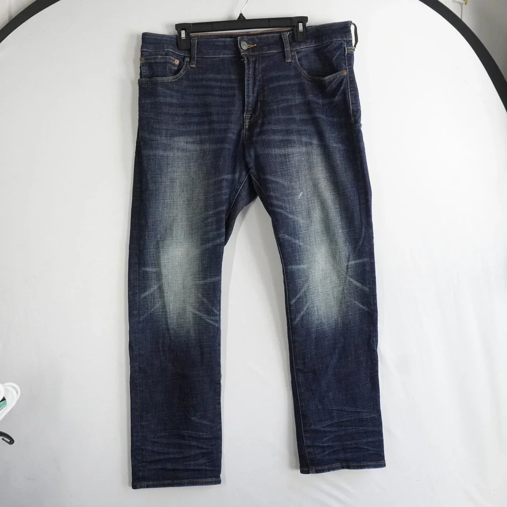 American Eagle Slim Straight Dark Wash‎ Blue Jeans 37x30 Faded Whiskered Denim